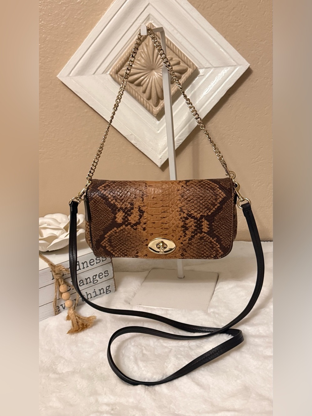 Coach Brown Snakeskin-Print Crossbody Bag with Dark Brown Strap